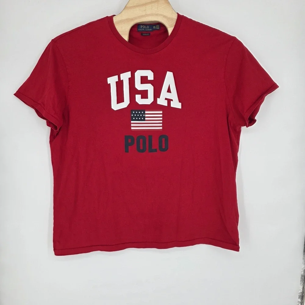 Polo Ralph Lauren T-Shirt Mens XXL Red Polo USA Flag Graphic Short Sleeve Crew